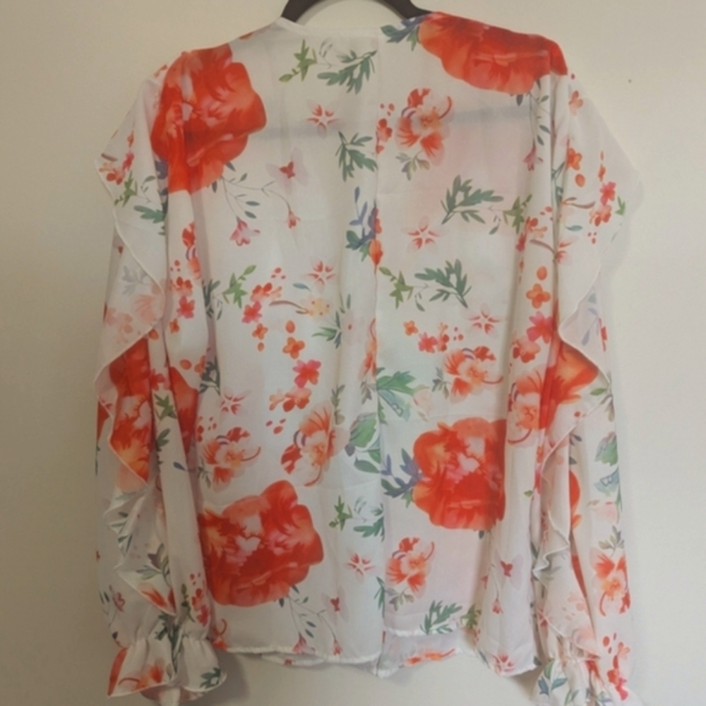 Floral Ruffle Women's Top - Orange and White XL - Picture 5 of 11